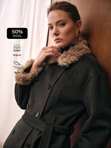 MOTF PREMIUM WOMEN'S SHORT DOUBLE-FACED WOOL OVERCOAT WITH LAMB WOOL COLLAR, AUTUMN/WINTER NEW STYLE - Dark Grey - View 1