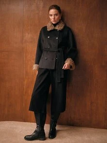 MOTF PREMIUM WOMEN'S SHORT DOUBLE-FACED WOOL OVERCOAT WITH LAMB WOOL COLLAR, AUTUMN/WINTER NEW STYLE - Dark Grey - View 5