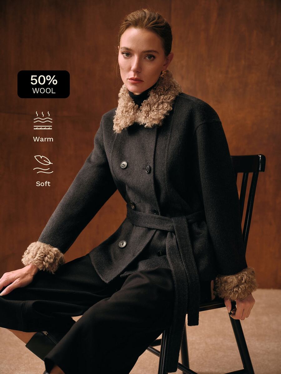 MOTF PREMIUM WOMEN'S SHORT DOUBLE-FACED WOOL OVERCOAT WITH LAMB WOOL COLLAR, AUTUMN/WINTER NEW STYLE - Dark Grey - View 1