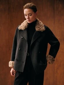 MOTF PREMIUM WOMEN'S SHORT DOUBLE-FACED WOOL OVERCOAT WITH LAMB WOOL COLLAR, AUTUMN/WINTER NEW STYLE - Dark Grey - View 4