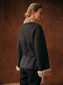 MOTF PREMIUM WOMEN'S SHORT DOUBLE-FACED WOOL OVERCOAT WITH LAMB WOOL COLLAR, AUTUMN/WINTER NEW STYLE - Dark Grey - View 8