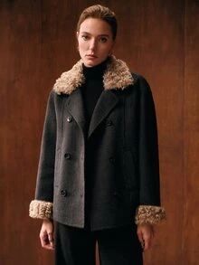 MOTF PREMIUM WOMEN'S SHORT DOUBLE-FACED WOOL OVERCOAT WITH LAMB WOOL COLLAR, AUTUMN/WINTER NEW STYLE - Dark Grey - View 3