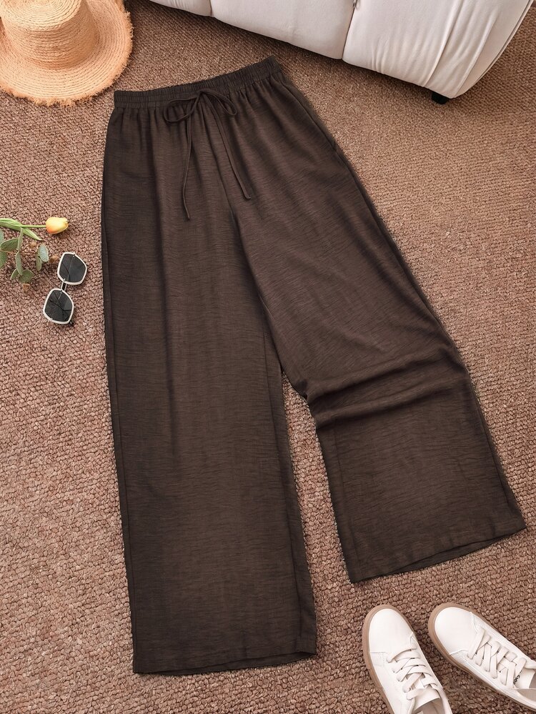 CosyJoli Plus Size Women's New Autumn Business Casual Beach Hawaii Outfits Valentine Day Style Commuting Elegant Chocolate Brown Wide-Leg Pocket Trousers - Brown - View 4