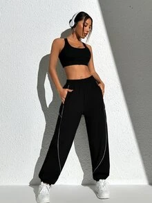 Exploreva Exploreva Color-Block Side Striped Sports Pants With Pockets For Outdoor Activities Joggers For Women - Black - View 2