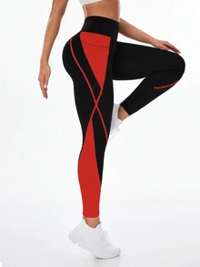 Exploreva Exploreva Contrast Color High Waist Pocket Fashionable Skinny Leggings - Fiery Red - View 7