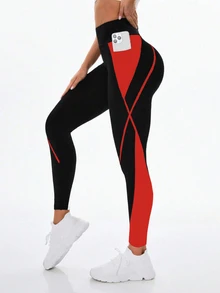 Exploreva Exploreva Contrast Color High Waist Pocket Fashionable Skinny Leggings - Fiery Red - View 2