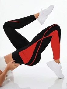 Exploreva Exploreva Contrast Color High Waist Pocket Fashionable Skinny Leggings - Fiery Red - View 5