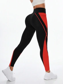 Exploreva Exploreva Contrast Color High Waist Pocket Fashionable Skinny Leggings - Fiery Red - View 3