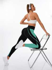 Exploreva Exploreva Women's High Waist Contrast Color Patchwork Pocket Shaping Tights - Dark Green - View 3