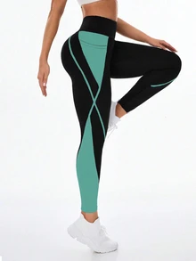 Exploreva Exploreva Women's High Waist Contrast Color Patchwork Pocket Shaping Tights - Dark Green - View 6