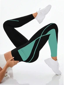 Exploreva Exploreva Women's High Waist Contrast Color Patchwork Pocket Shaping Tights - Dark Green - View 4