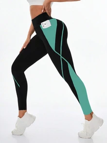 Exploreva Exploreva Women's High Waist Contrast Color Patchwork Pocket Shaping Tights - Dark Green - View 7
