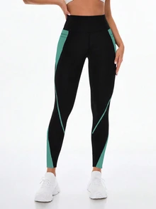 Exploreva Exploreva Women's High Waist Contrast Color Patchwork Pocket Shaping Tights - Dark Green - View 5