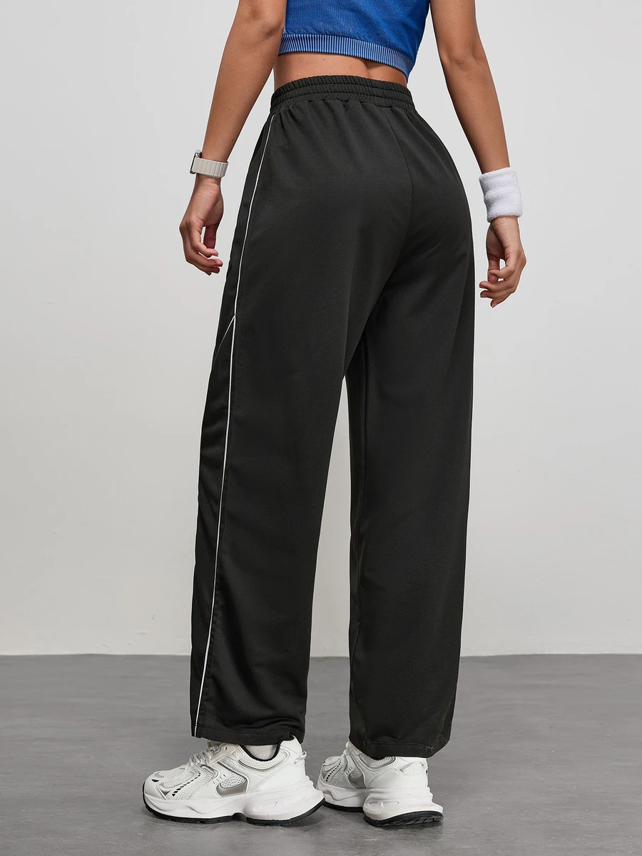 Exploreva Exploreva Contrast Color Trim Straight Leg Casual Sports Pants - Black - View 1
