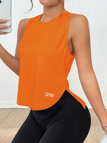 SHEIN Sports 橙色休闲百搭字母印花舒适无袖运动背心 - 橘色 - 查看 3