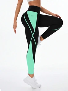 Exploreva Exploreva Women's High Waist Contrast Color Pocket Sports Leggings - Mint Blue - View 7