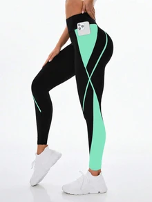 Exploreva Exploreva Women's High Waist Contrast Color Pocket Sports Leggings - Mint Blue - View 9