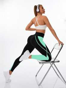 Exploreva Exploreva Women's High Waist Contrast Color Pocket Sports Leggings - Mint Blue - View 4