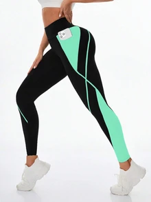 Exploreva Exploreva Women's High Waist Contrast Color Pocket Sports Leggings - Mint Blue - View 8