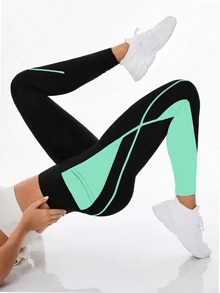 Exploreva Exploreva Women's High Waist Contrast Color Pocket Sports Leggings - Mint Blue - View 5