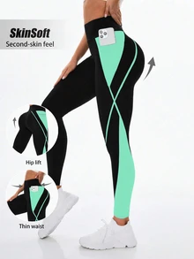 Exploreva Exploreva Women's High Waist Contrast Color Pocket Sports Leggings - Mint Blue - View 2