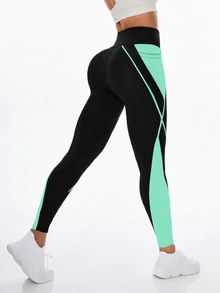 Exploreva Exploreva Women's High Waist Contrast Color Pocket Sports Leggings - Mint Blue - View 3