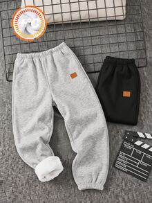 SHEIN 兒童青少年男孩字母拼接保暖內裡休閒運動長褲 1件裝 秋季 - 彩色 - 查看 5