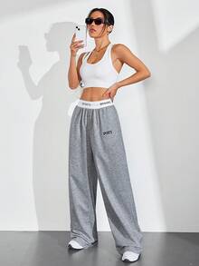 Exploreva Exploreva Waistband Patchwork Letter Webbing Casual Fashion Solid Color Sports Wide-Leg Pants - Dark Grey - View 5
