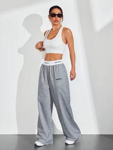 Exploreva Exploreva Waistband Patchwork Letter Webbing Casual Fashion Solid Color Sports Wide-Leg Pants - Dark Grey - View 6