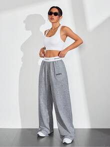 Exploreva Exploreva Waistband Patchwork Letter Webbing Casual Fashion Solid Color Sports Wide-Leg Pants - Dark Grey - View 9