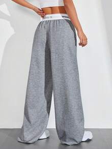 Exploreva Exploreva Waistband Patchwork Letter Webbing Casual Fashion Solid Color Sports Wide-Leg Pants - Dark Grey - View 8