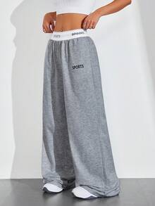 Exploreva Exploreva Waistband Patchwork Letter Webbing Casual Fashion Solid Color Sports Wide-Leg Pants - Dark Grey - View 4