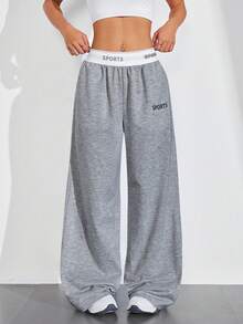 Exploreva Exploreva Waistband Patchwork Letter Webbing Casual Fashion Solid Color Sports Wide-Leg Pants - Dark Grey - View 3