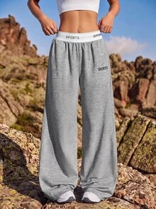 Exploreva Exploreva Waistband Patchwork Letter Webbing Casual Fashion Solid Color Sports Wide-Leg Pants - Dark Grey - View 2