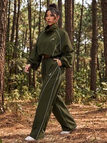 Exploreva Exploreva 女士运动套装、返校装、毕业典礼、返校装、女士运动和瑜伽时尚运动服女士套装、慢跑和户外休闲装女士健身套装女士健身套装宽松版型、夹克和裤子套装、运动服 - 軍綠色 - 查看 2