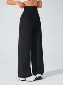 Exploreva Exploreva Women's Solid Color High Waist Pleated Pocket Wide Leg Sports Pants - Black - View 6