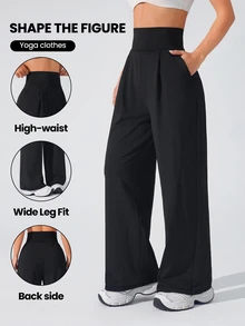 Exploreva Exploreva Women's Solid Color High Waist Pleated Pocket Wide Leg Sports Pants - Black - View 3