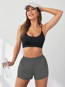 Exploreva Exploreva 1pc Summer Lightweight Shorts With Shorts Lining, Comfy & Opaque For Yoga, Jogging Comfy Short - Grey - View 6