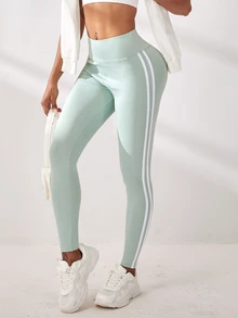 SHEIN Sports 女款側條紋高腰日常健身運動緊身褲 - 淺綠色 - 查看 7