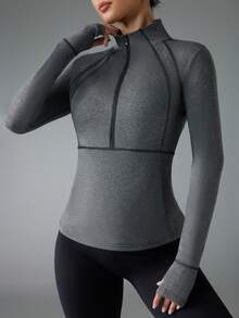 Exploreva Exploreva Women Zip-Up Pullover Sweatshirt With Thumb Hole - Dark Grey - View 7