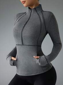Exploreva Exploreva Women Zip-Up Pullover Sweatshirt With Thumb Hole - Dark Grey - View 3