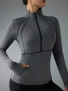 Exploreva Exploreva Women Zip-Up Pullover Sweatshirt With Thumb Hole - Dark Grey - View 6