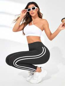 Exploreva Exploreva Contrast Stripe High Waist Seamless Leggings - Dark Grey - View 6