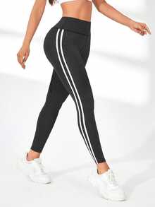 Exploreva Exploreva Contrast Stripe High Waist Seamless Leggings - Dark Grey - View 5