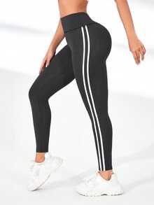 Exploreva Exploreva Contrast Stripe High Waist Seamless Leggings - Dark Grey - View 4