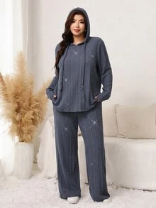 SHEIN LUNE 大尺碼女款長袖抽繩連帽上衣與長褲休閒兩件套 - 深灰色 - 查看 6