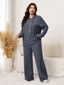 SHEIN LUNE 大尺碼女款長袖抽繩連帽上衣與長褲休閒兩件套 - 深灰色 - 查看 3