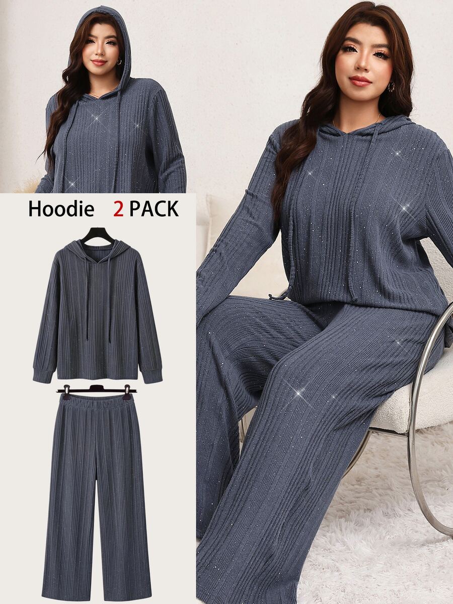 SHEIN LUNE 大尺碼女款長袖抽繩連帽上衣與長褲休閒兩件套 - 深灰色 - 查看 1