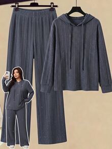 SHEIN LUNE 大尺碼女款長袖抽繩連帽上衣與長褲休閒兩件套 - 深灰色 - 查看 8