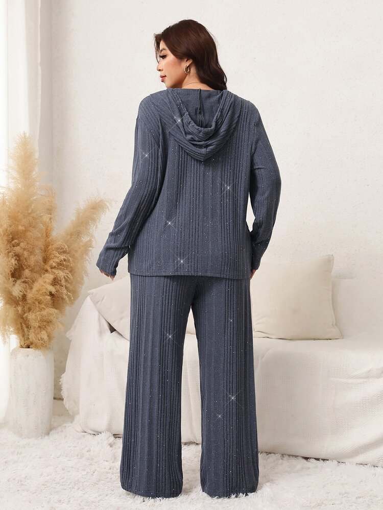 SHEIN LUNE Plus Size Women's Long Sleeve Drawstring Hooded Top And Pants Casual 2 Pieces Set - Dark Grey - View 2